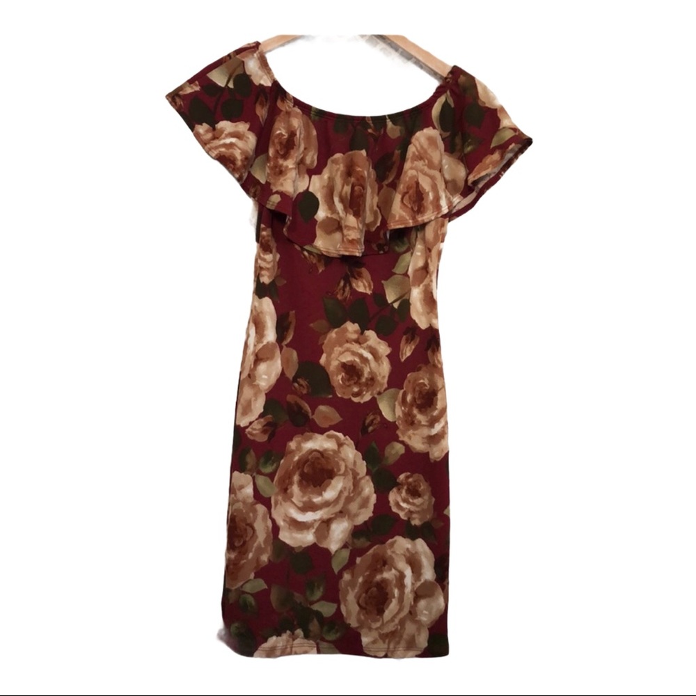 🌞 Lovely Cecy‎ burgundy rose floral stretch dress